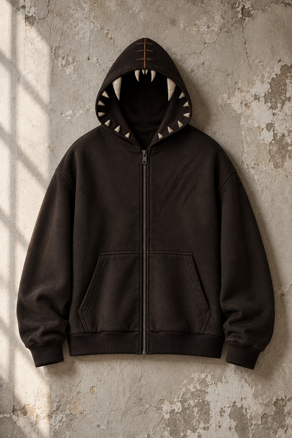 ØRVETH warm espresso Bear Zip-up mounted directly on an old factory wall